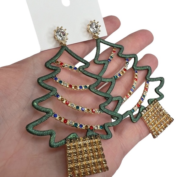 New Large Metal Rhinestone Christmas Tree Statement Earrings - Picture 3 of 6